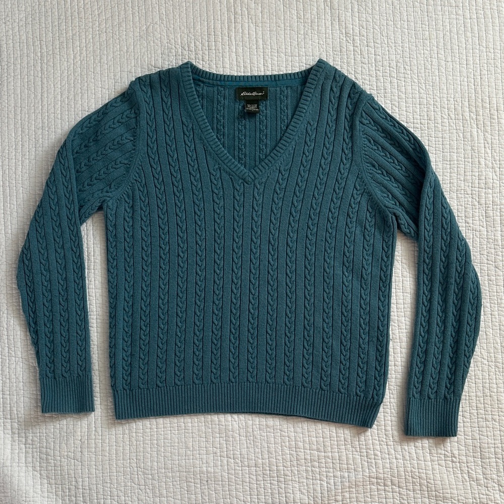 Eddie Bauer 10% Angora Teal Cable V-Neck Sweater Size L
